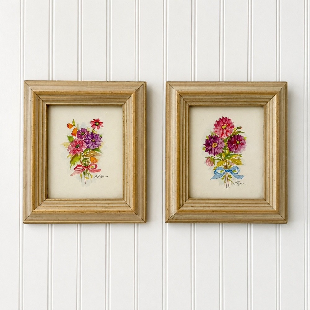 Vintage Original Botanical Watercolor Paintings Set of 2 Signed Framed 9x7